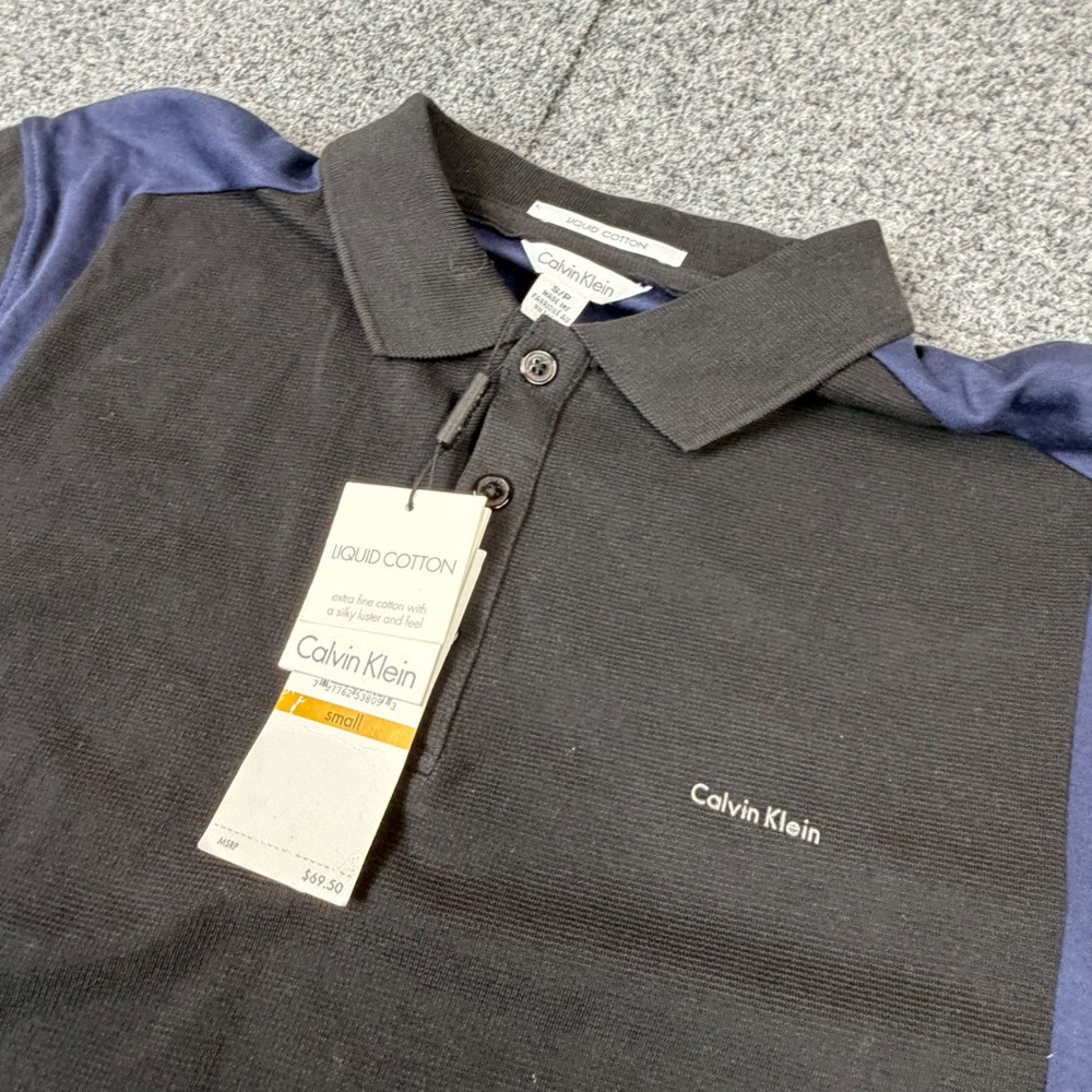 Calvin Klein Liquid Cotton Polo Shirt‎ Mens Small Black Navy Blue Colorblock NWT